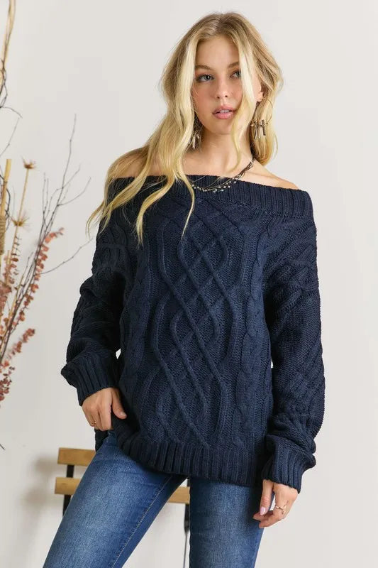  Cable Knit Off Shoulder Sweater