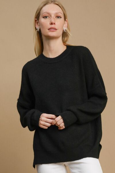 Full Size Side Slit Wool Blend Round Neck Sweater Plus Size