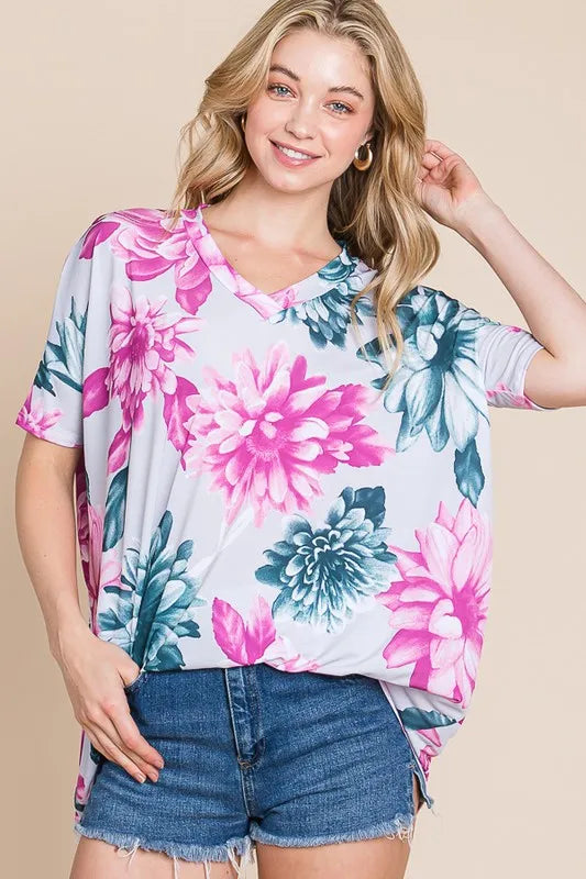 Floral V-Neck Short Sleeve T-Shirt
