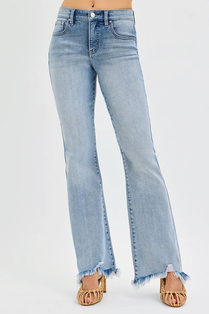 Full Size Mid Rise Tummy Shaping Fray Hem Flare Jeans
