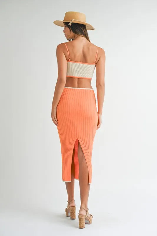 Ribbed Knit Color Block Cutout Midi Dress