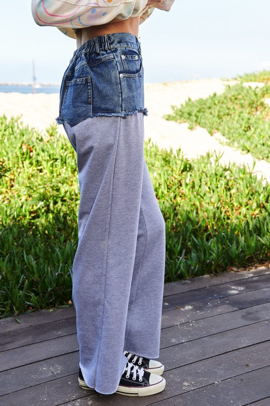 Raw Hem Denim Patchwork Wide Leg Pants