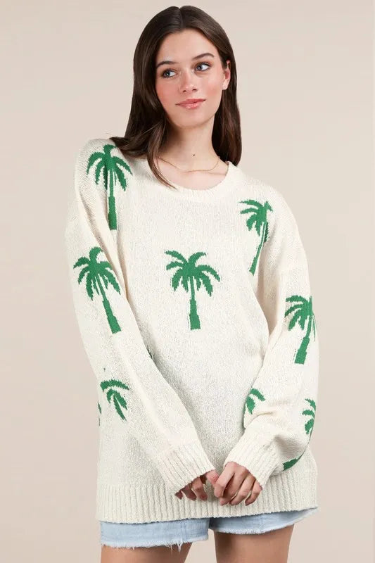 Palm Tree Graphic Oversized Knit Sweater