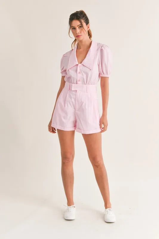 Striped Puff Sleeve Collared Neck Romper