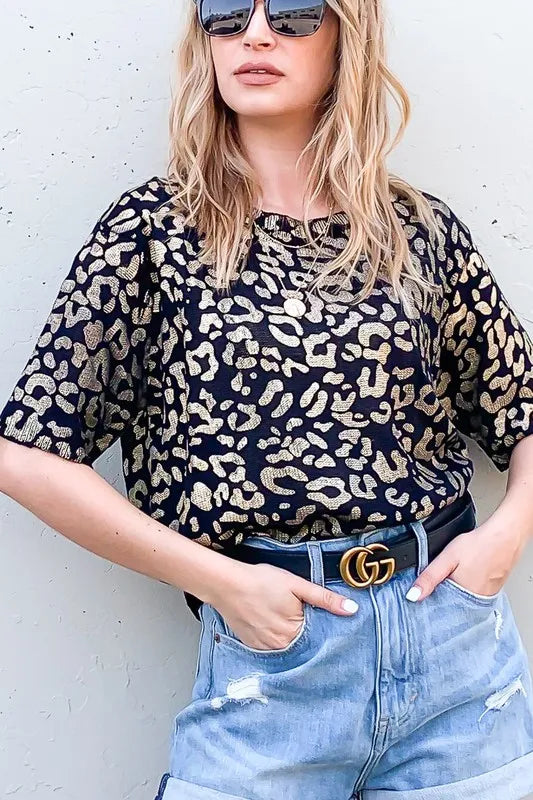 Leopard Foil Printed Half Sleeve Summer Sweater