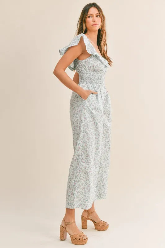 Floral Print Ruffled Cap Sleeve Jumpsuit