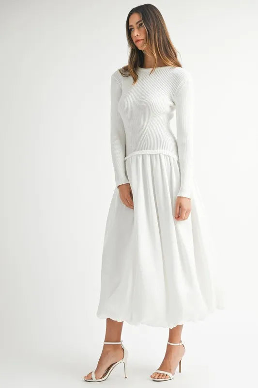 Ribbed Poplin Mix Midi Sweater Dress
