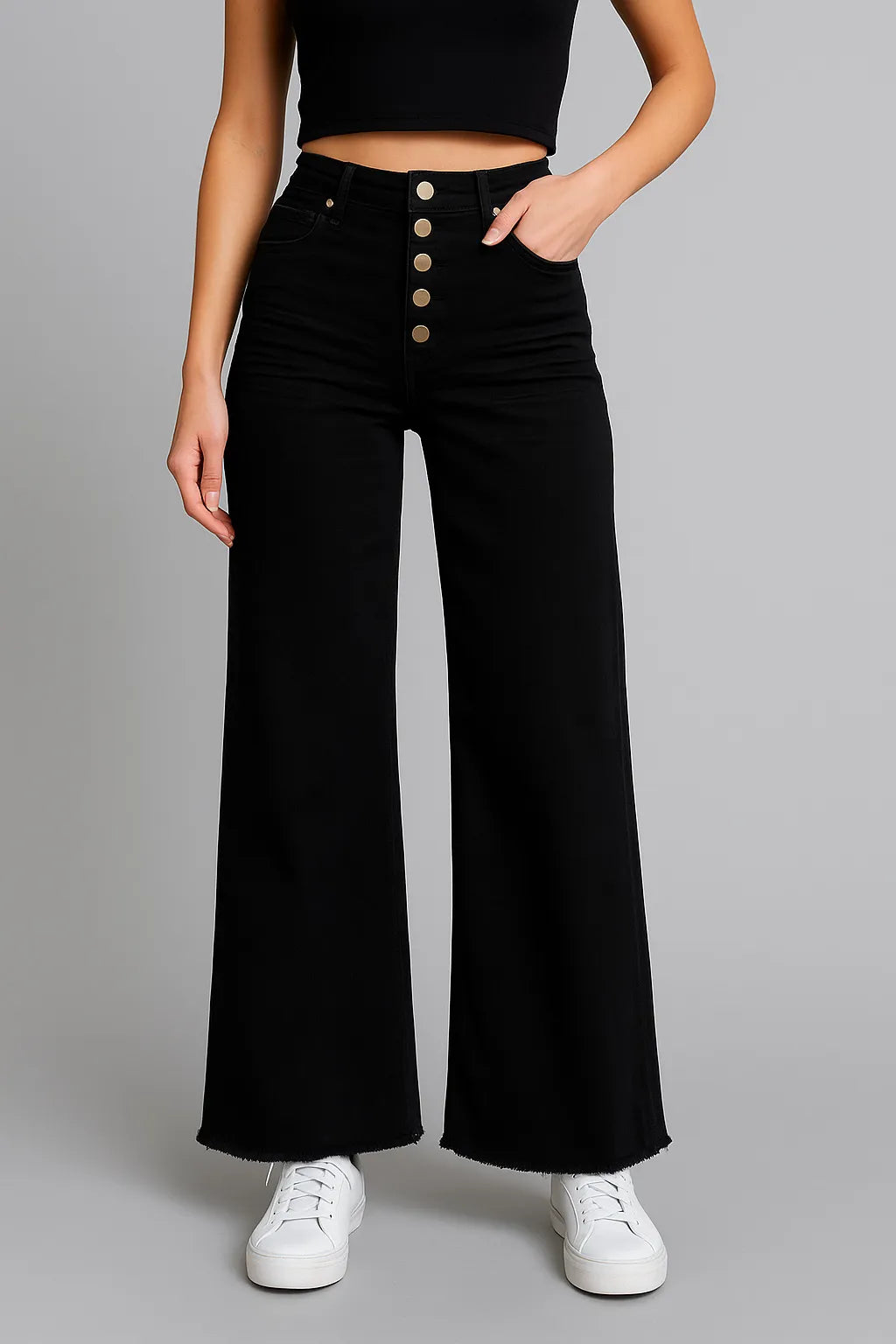 Twill High Waisted Button Fly Wide Leg Pants