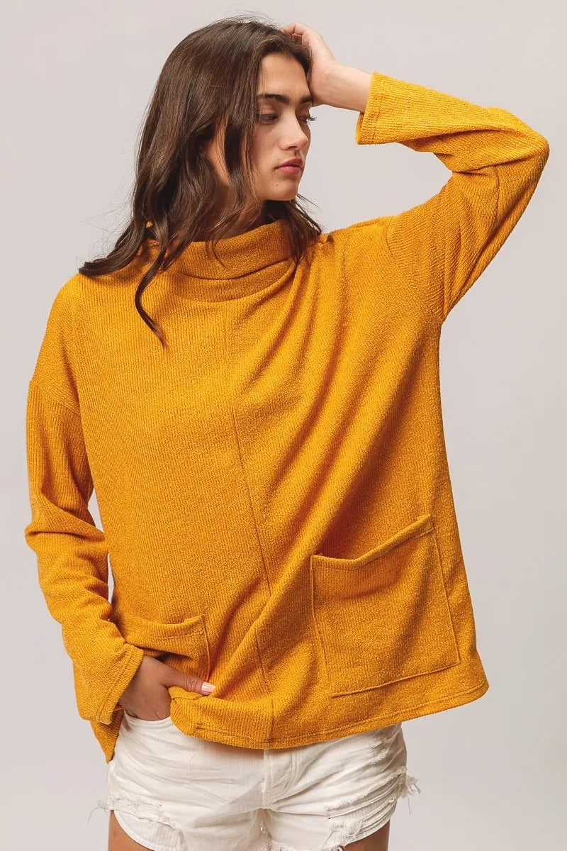 Piper Ribbed Double Pocket Turtleneck Knit Top