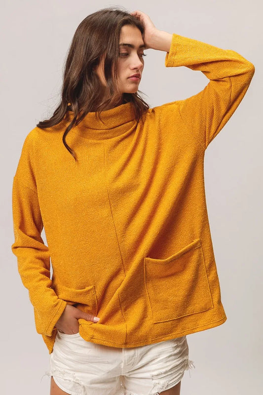 Piper Ribbed Double Pocket Turtleneck Knit Top