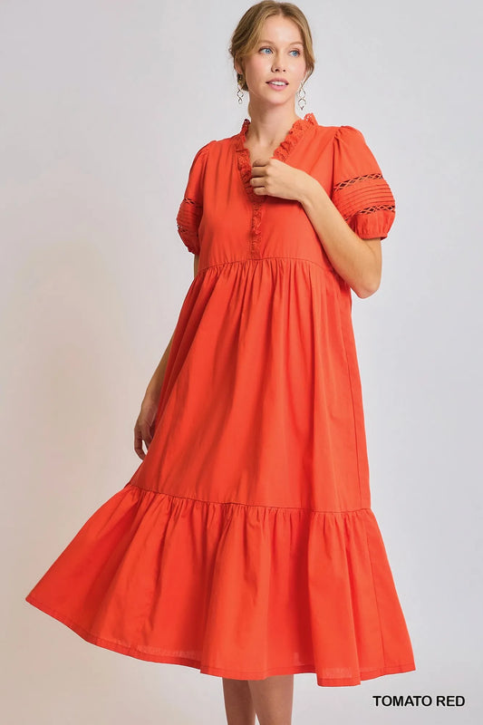 Puff Sleeve Lace-Trim Tiered Midi Dress