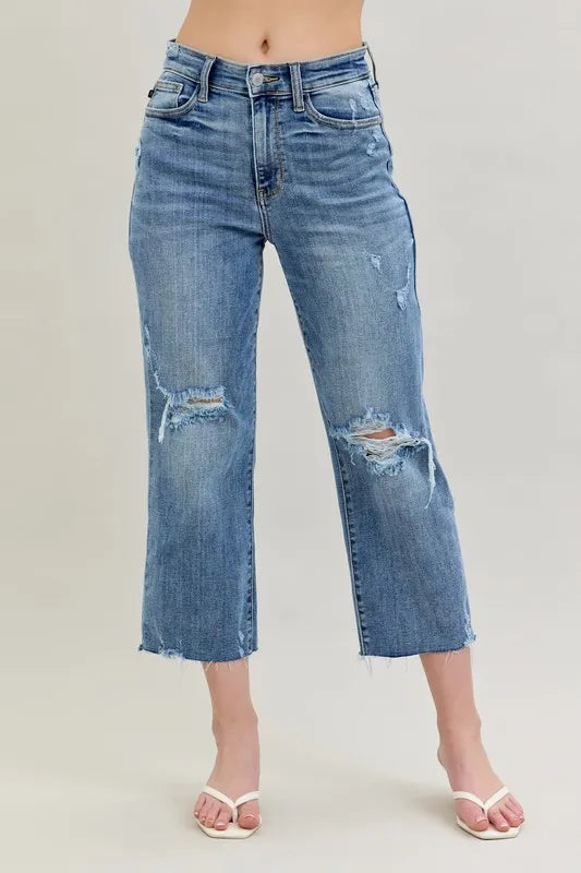 Full Size High Waist Destroy Crop Wide Leg Jeans Plus Size