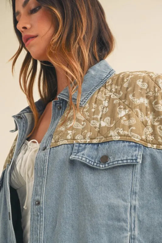 Quilted Paisley Print Contrast Denim Jacket