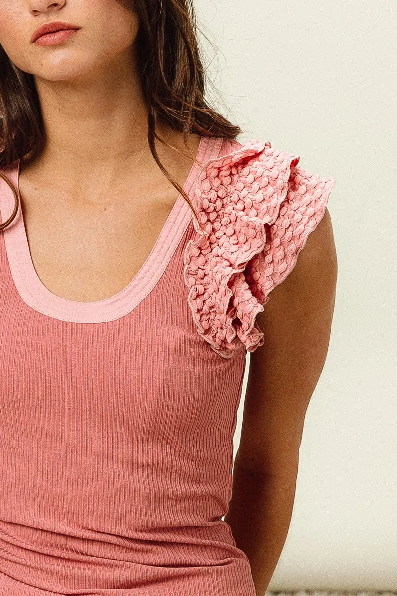 Textured Lace Ruffle Ribbed Knit Camisole