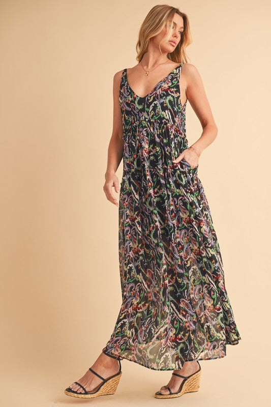 Printed V-Neck Frill Tiered Cami Dress