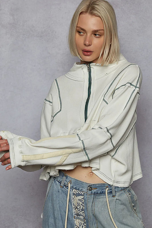 Reflective Piping Half-Zip Cropped Sweatshirt