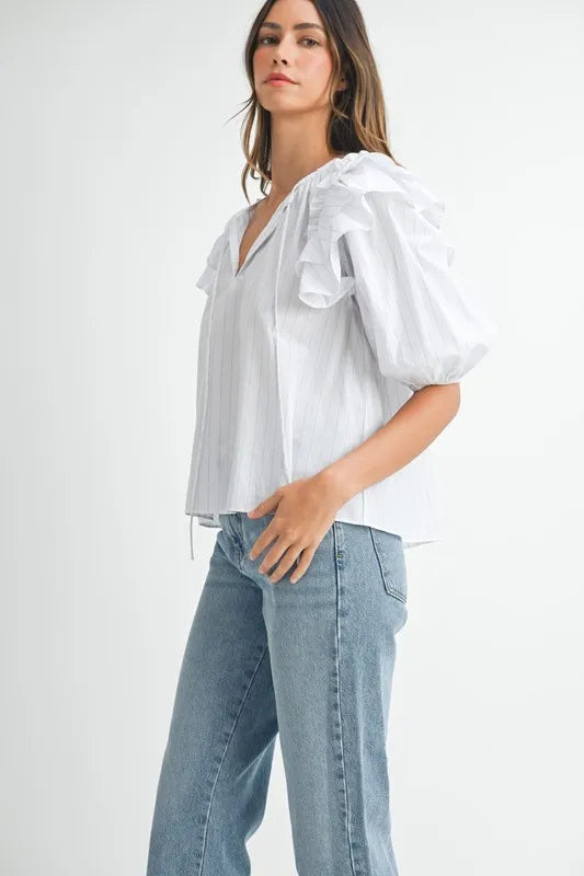 Stripe Ruffle Shoulder Puff Sleeve Blouse