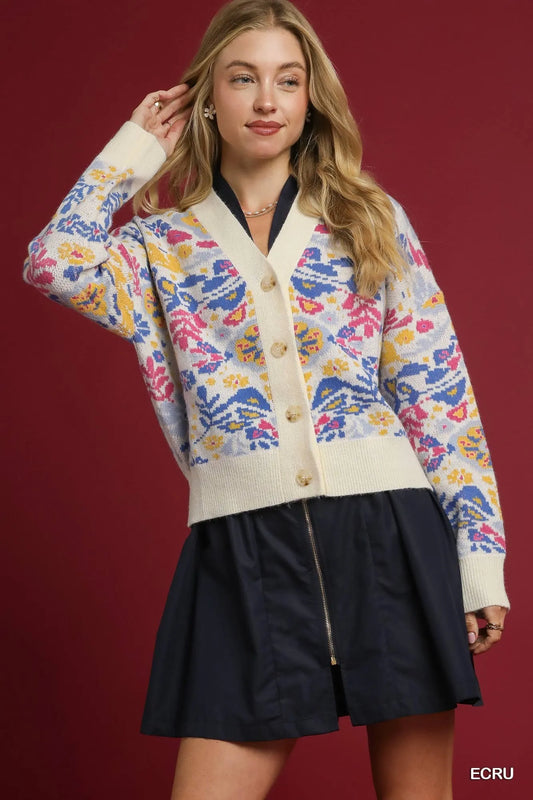 Botanical Button-Up V-Neck Cardigan