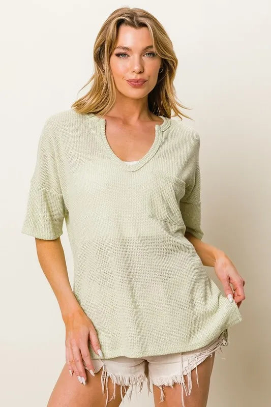 Boucle Sweater Knit Short Sleeve Henley Top