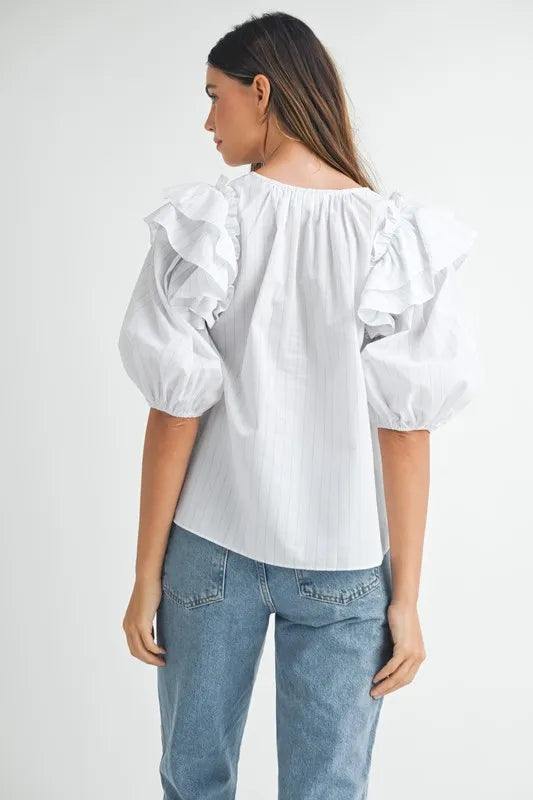 Stripe Ruffle Shoulder Puff Sleeve Blouse