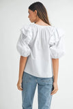 Stripe Ruffle Shoulder Puff Sleeve Blouse