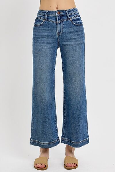 Full Size High Rise Crop Wide Leg Front Yoke Detail Jeans Plus Size