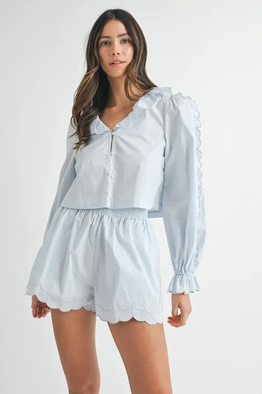 Long Sleeve Scallop Blouse and Shorts Set