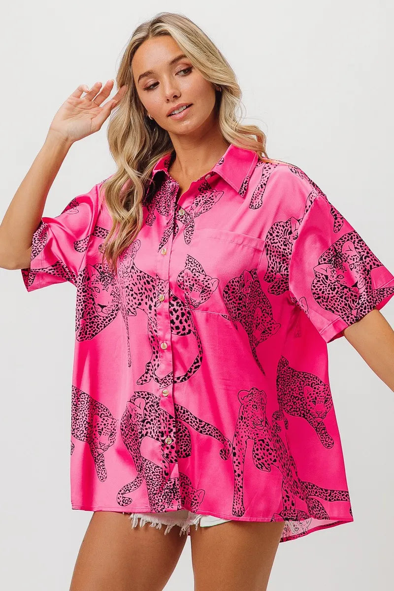 Leopard Print Short Sleeve Silky Satin Shirt Top