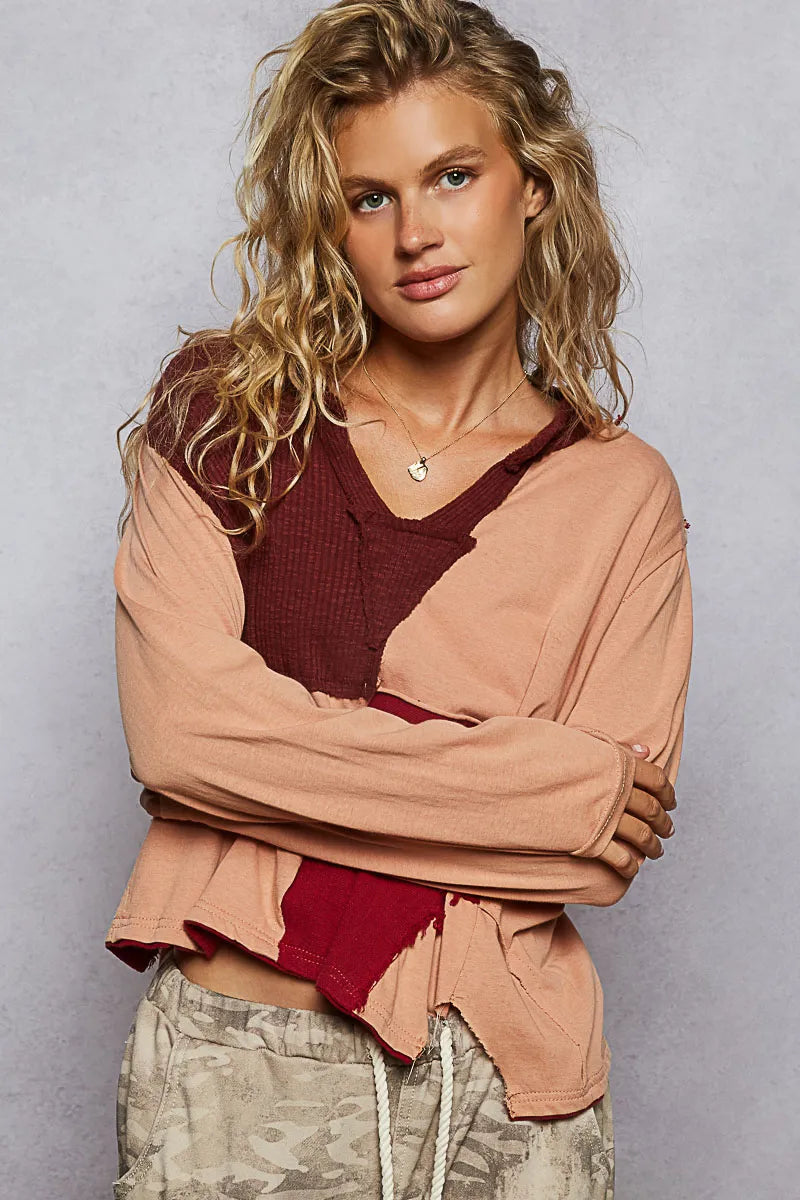 Notched Neck Long Sleeve Patterned Shirt