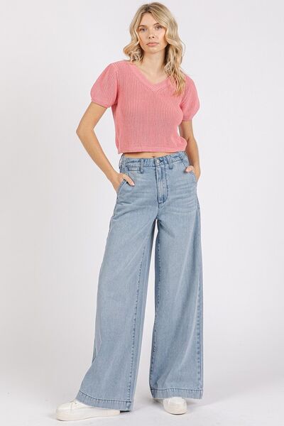 Mittoshop V-Neck Short Sleeve Crop Sweater