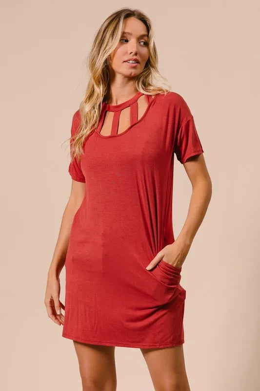 Front Cutout Mini Tee Dress with Pockets