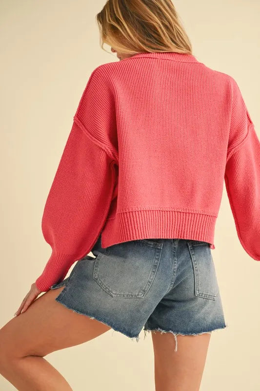 Ribbed Hem Exposed Seam Round Neck Sweater