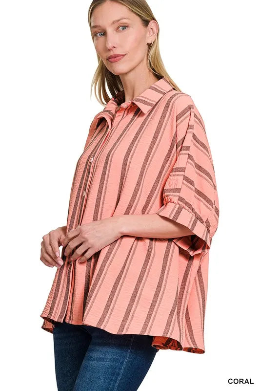 Woven Yarn-Dye Stripe Oversized Button Down Shirt