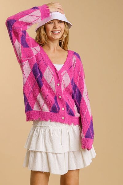 Full Size Argyle Pattern V-Neck Button Front Cardigan Plus Size