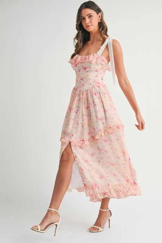 Floral Printed Shoulder Strap Midi Dress