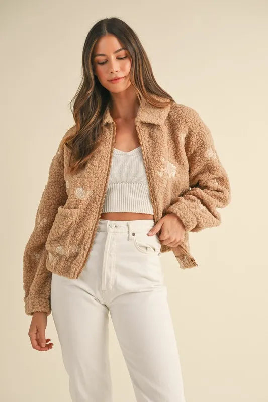 Floral Embroidered Fleece Teddy Jacket