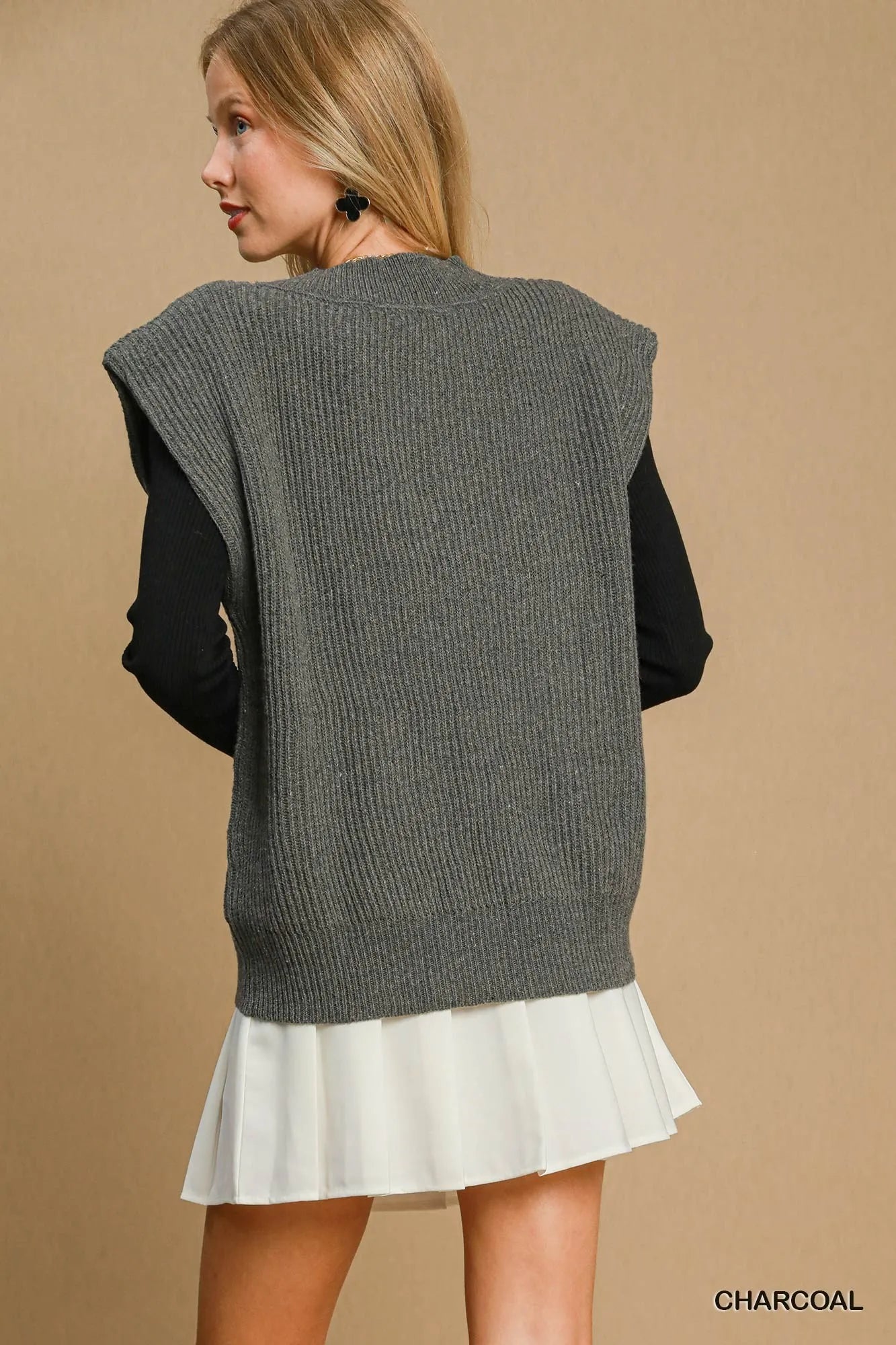 V-Neck Ribbed Sweater Vest with Shoulder Pads