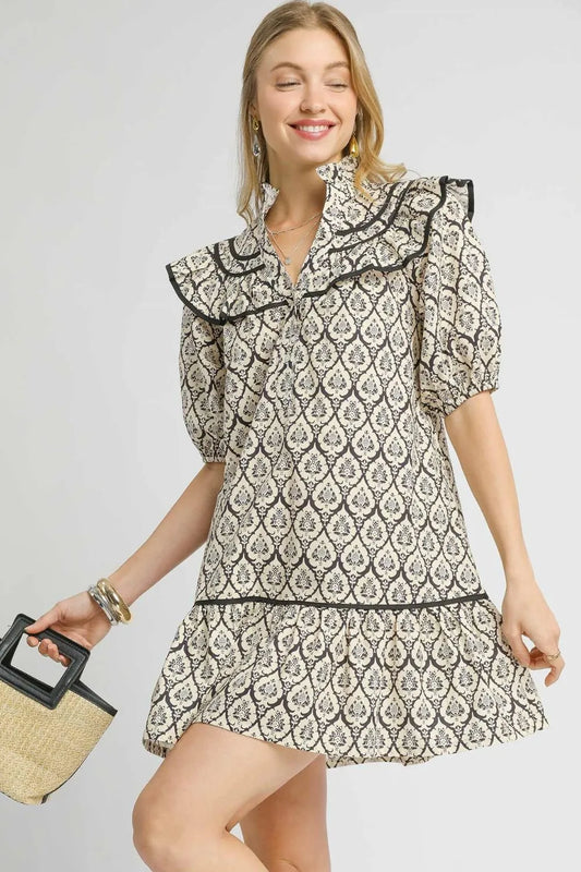 Boho Geometric Ruffle Collar Mini Dress