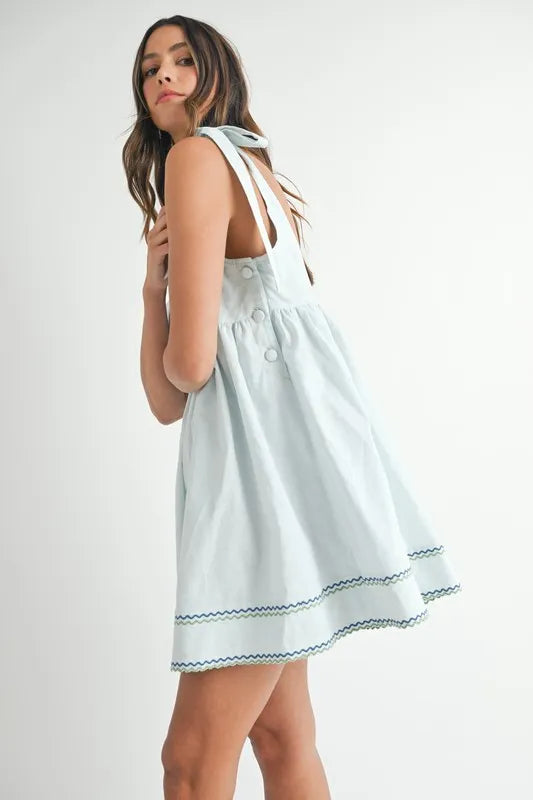 Zig Zag Embroidered Shoulder Tie Mini Dress