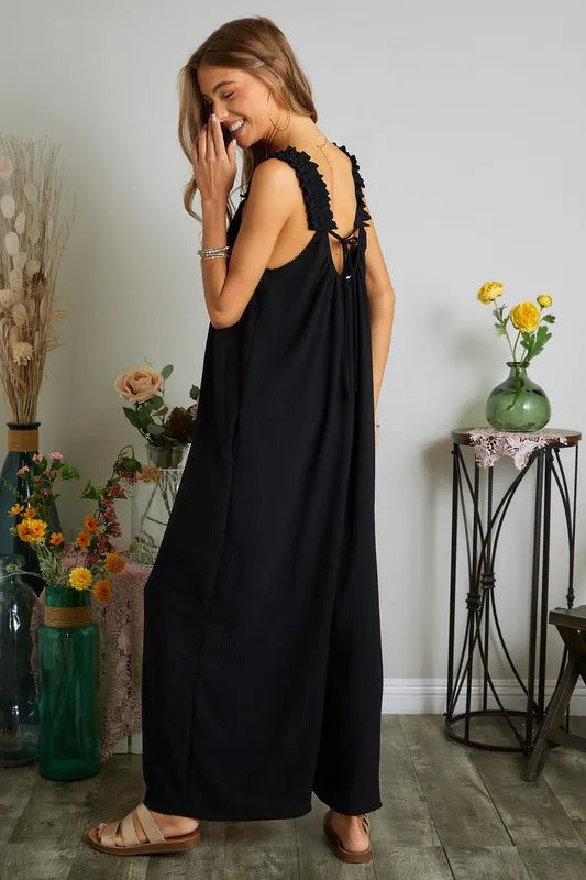 Full Size Elastic Ruffle Shoulder Jumpsuit Plus Size