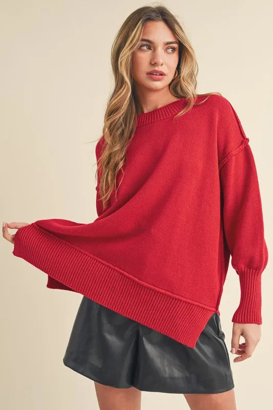Ribbed Hem Side Slit Round Neck Sweater