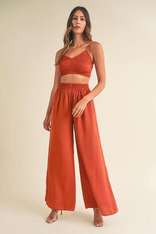 Smocked Bralette Crop Top and Wide Leg Pants Set