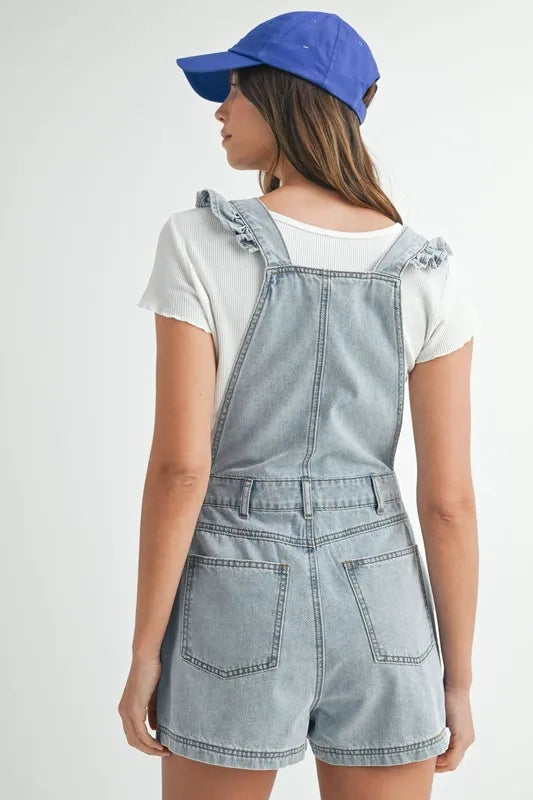 Square Neck Ruffle Shoulder Denim Overall Romper