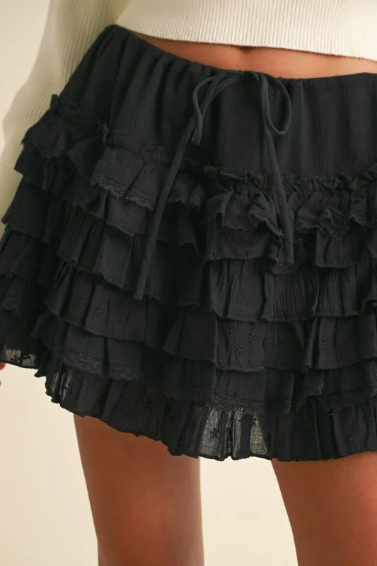 Ruffle Detailed Cotton Gauze Tiered Mini Skirt