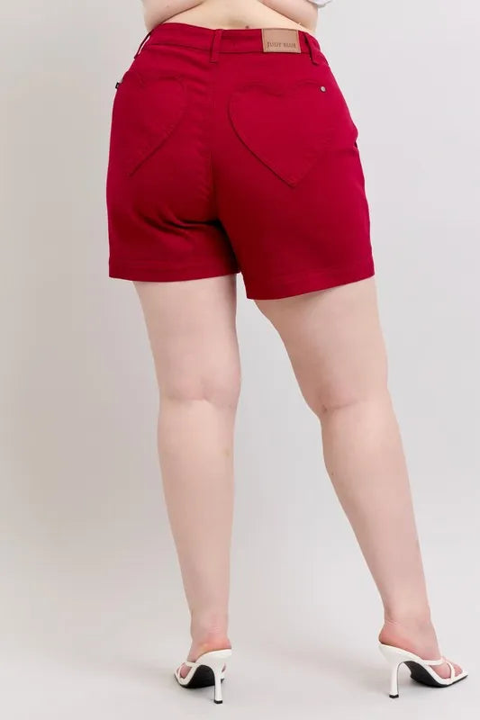 Plus Size High Waist Tummy Control Garment Dyed Heart Shaped Denim Shorts