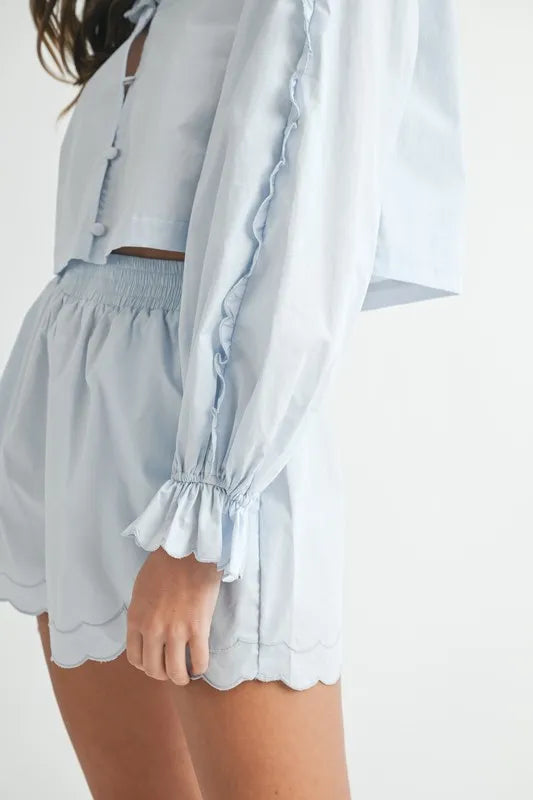 Long Sleeve Scallop Blouse and Shorts Set