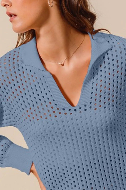Open Knit Polo Sweater Top
