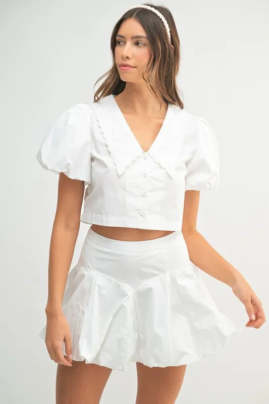 Puff Sleeve Button Down Top and Bubble Skirt Set