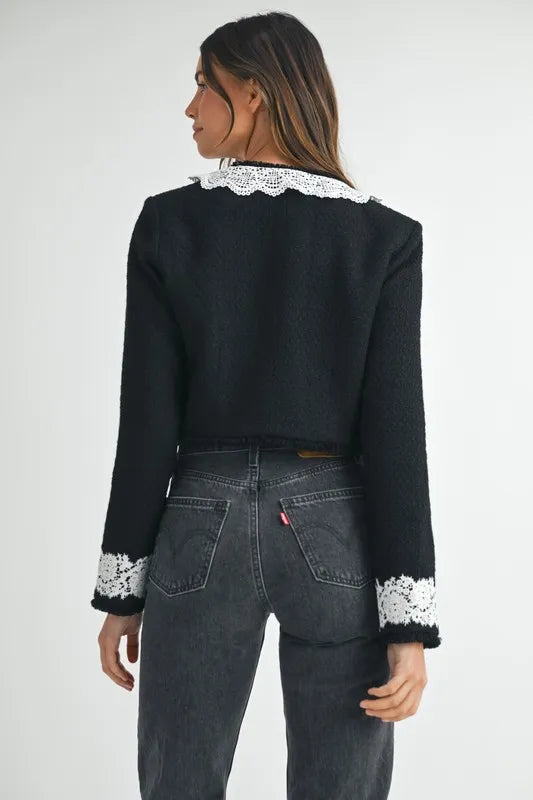 Lace Trim Collar Tweed Crop Jacket