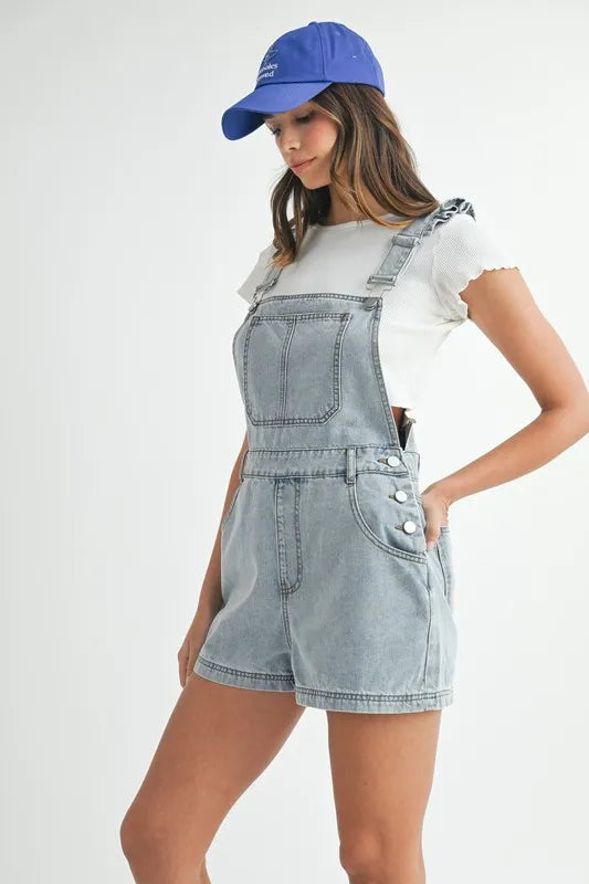 Square Neck Ruffle Shoulder Denim Overall Romper